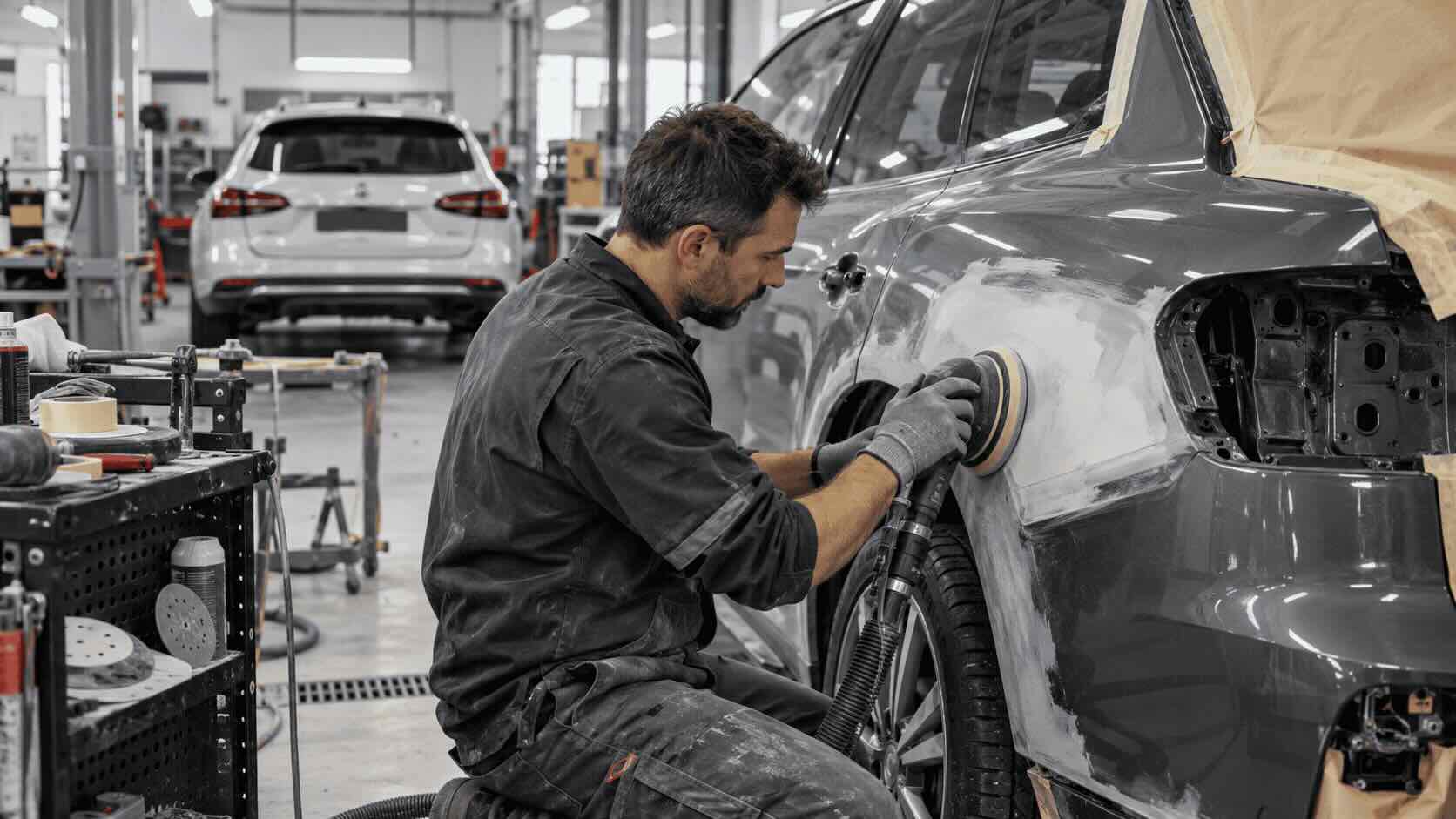 Carrossier effectuant le ponçage d’une aile automobile dans un atelier de carrosserie à Thonon-les-Bains – illustration